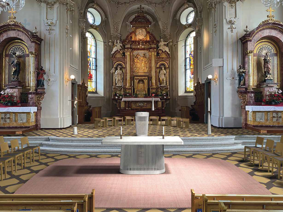 Visualisierung des Konzeptes «Nähe» mit dem Altar im Kirchenschiff.